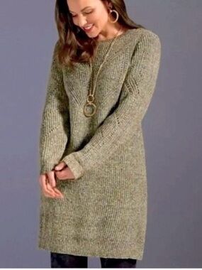 CAbi Heathered Olive Green Marled Scoop Neck Sweater Dress/Tunic #4278